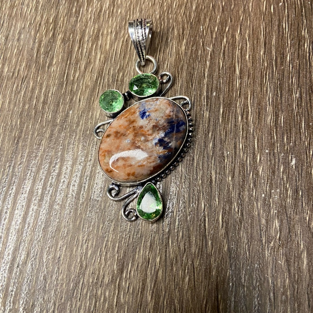 Elegant Silver Golden Sodalite and Peridot Gemstone Pendant